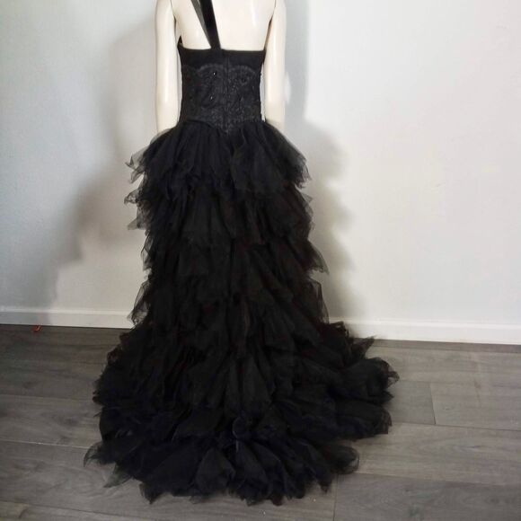 JJs House Black Formal Gown Hi Low Embellished Ruffle Wedding Goth Cosplay 8 M - Picture 2 of 9